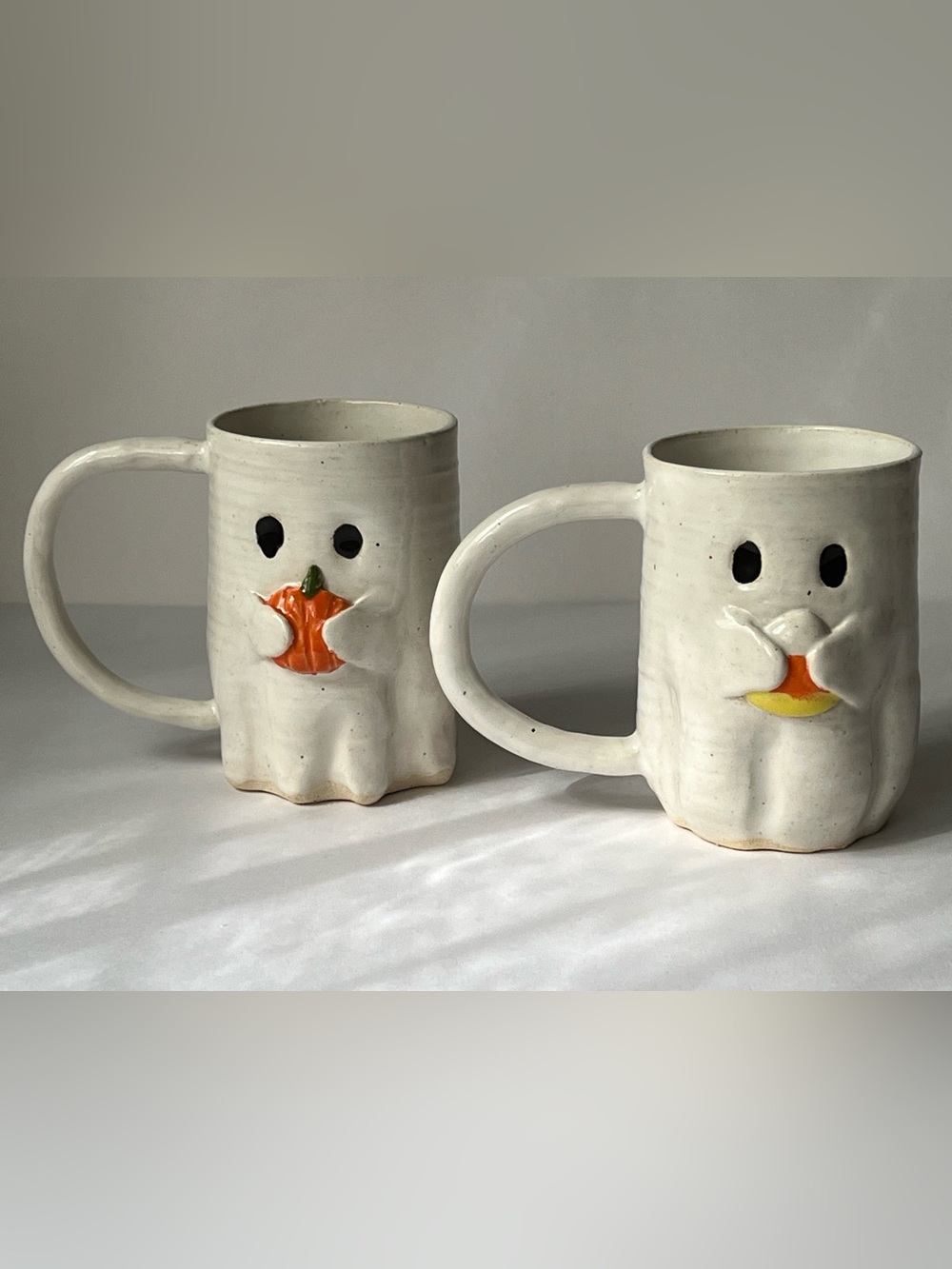 Handmade Ghost Mug with Pumpkin and Candy Corn Accent - White Ceramic